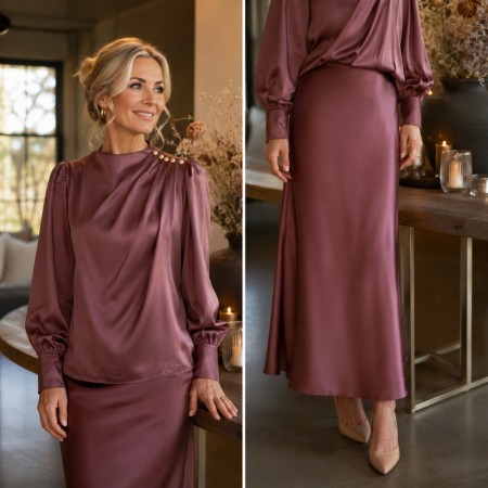 Satin bluse med perlepynt lyng 